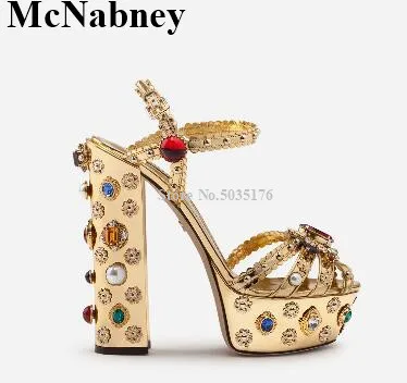 

Newest Rhinestone pearl Summer Rivet Ladies Shoes High Platform Ankle Buckle Sandals European Peep Toe Hoof Heel Women Shoes
