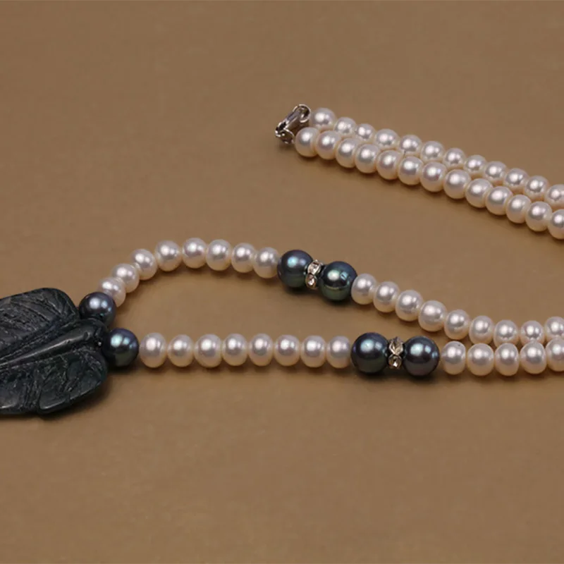 JYX Pearl 6-7mm Natural White Round Freshwater Pearl Necklace with Breciated Jasper Pendant Necklace