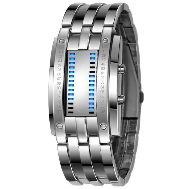 Часы для мужчин и женщин, технология Future, бинарный черный, нержавеющая сталь, цифровой светодиодный браслет, спортивные часы