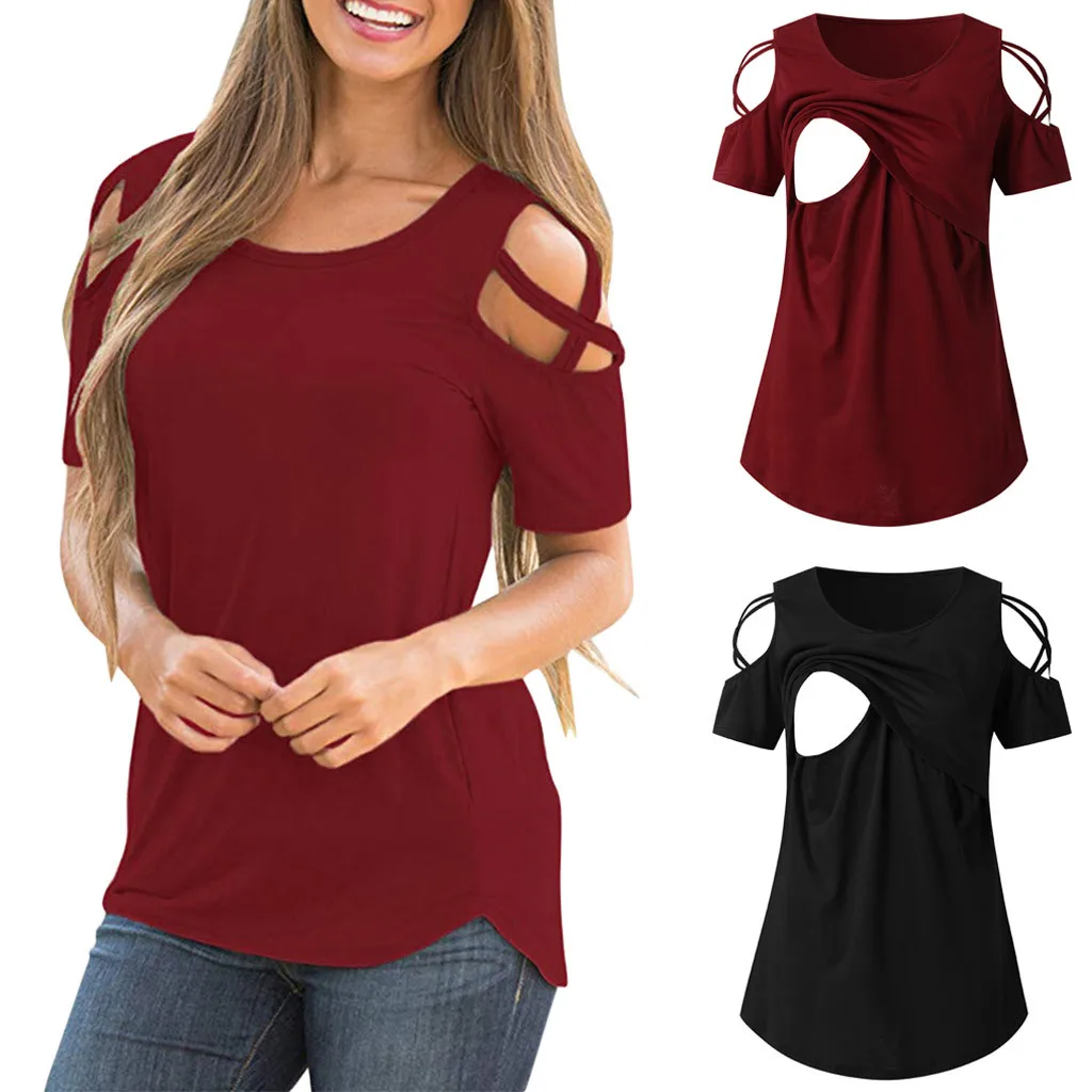 Women pregnant maternity tops and blouses clothes Breastfeeding Nursing Tops Short Sleeve Strappy Cold Shoulder T Shirts