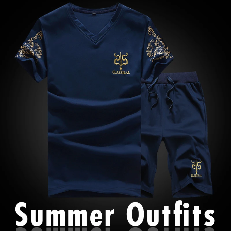 

Summer Men Sets Print Tracksuits Casual Men's 2 Piece Set V-Neck T-Shirt+Shorts Sportswear Plus Size Sports Suit Joggers Outfits