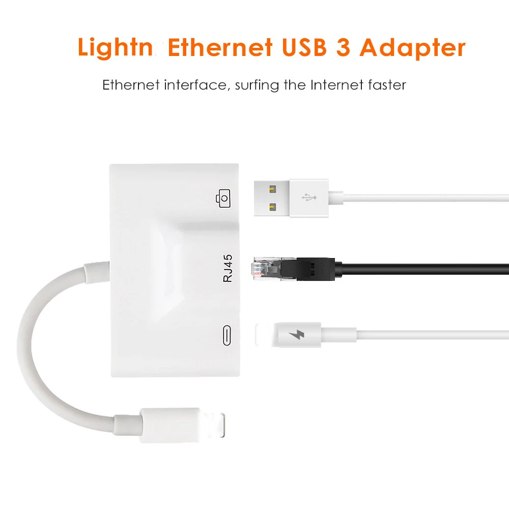 

3 in 1 For Light- ning Adapter to RJ45 LAN USB 3 Camera Reader Converter Wired For iPhone iPad Connection Overseas Travel