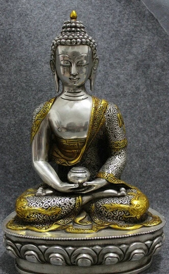 

JP S0608 13" Tibet Silver Gilt Dragon Joss Shakyamuni Sakyamuni Buddha Robe Bowl Statue