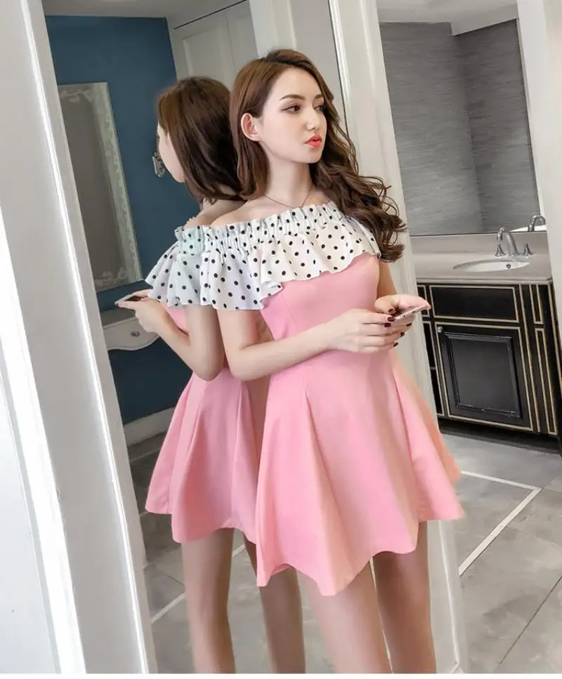 2018 New Arrivals  Summer  sexy dot dot shoulder stitching slim A short sleeved dress Free Shipping