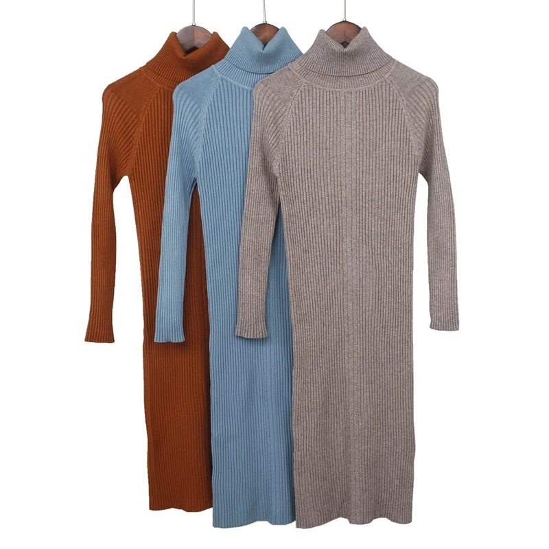 

GIGOGOU Turtleneck Women Sweater Dress Knee-length Autumn Winter Thick Warm Pullover Dresses Slim Rib Female Knitted dresses