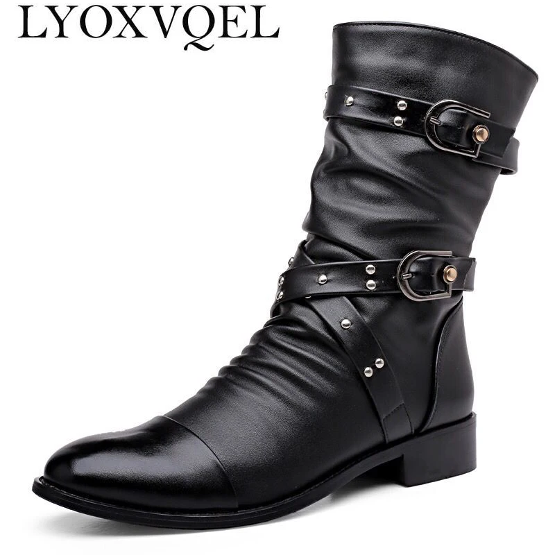 

Men Boots Leather Men Shoes Mid-Calf Boots For Male Low Heels Men's Boot Pointed Toe Man Shoe Size 37-44 M310