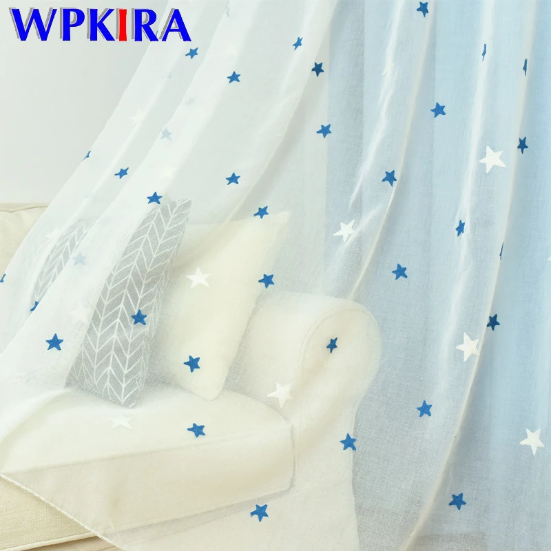 

Blue Stars Embroidered Tulle Curtain For Kids Children Bedroom High Quality White Sheer Tulle For Living Room Customize WP300D3