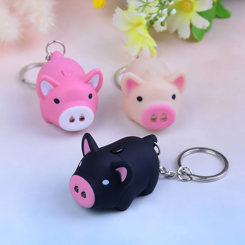 Creative Pig LED Keychains Flashlight Sound Rings Kids Toys Pig Cartoon