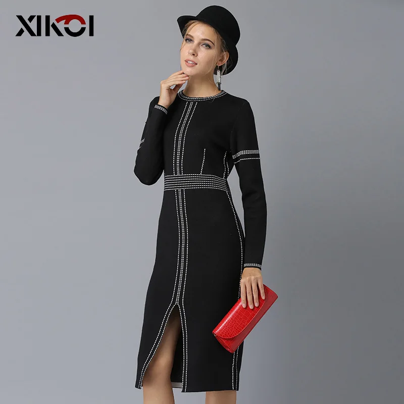 

XIKOI Casual Women Knitting Dress Black MIDI O-Neck Fashion Hem Split Ladies Women's dresses Knee-Length Graceful 2019 Spring