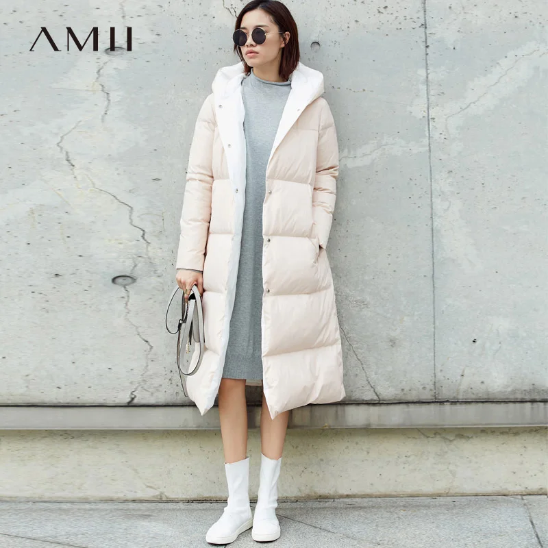 Amii Minimalist Hoodie Down Coat Women Winter 2018 Casual 90% White Duck Light Waterproof Female Plus size Long Down Jackets
