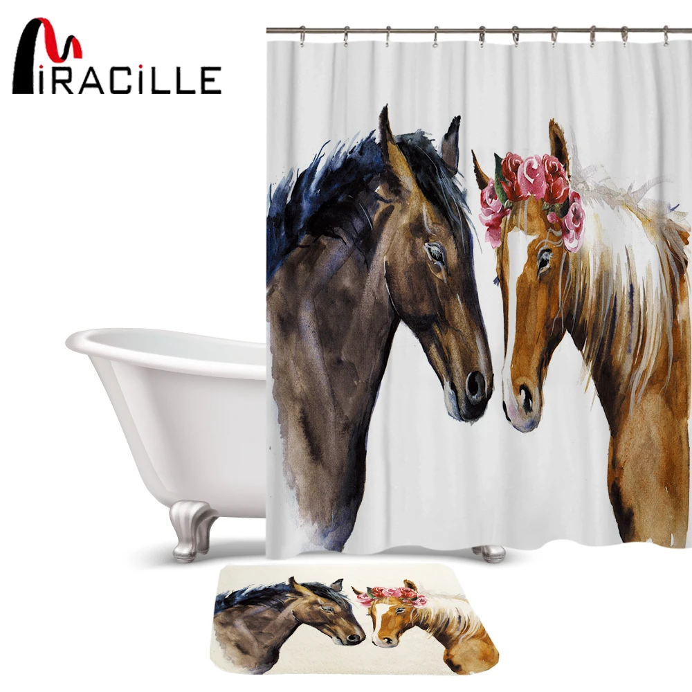 Miracille Creative Horses Pattern Shower Curtain Sets Bedroom
