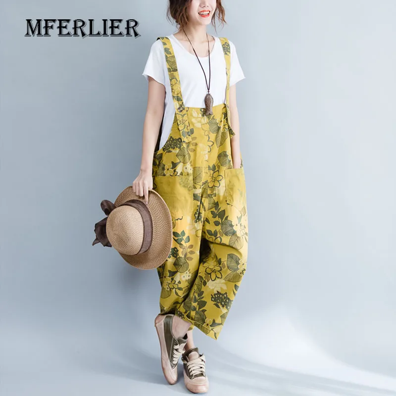 Women Overalls Summer Vintage Floral Print Loose Casual Rompers Button