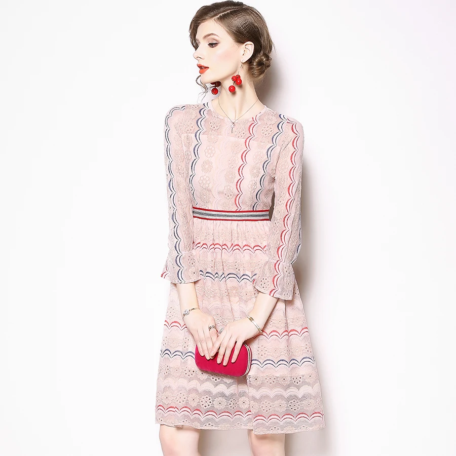 Long Sleeve Women Lace Dress Slim Fashion 3/4 Sleeve O-Neck Hollow Out Work Office Ladies Elegant Dress A-Line Vestidos