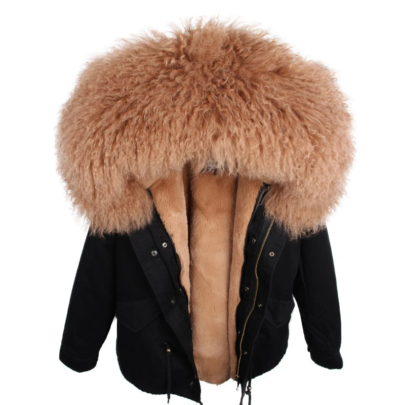 Parka Real Fur Coat Winter Jacket Women Real Mongolia Sheep Fur Parkas Thick Warm Luxury Detachable Outerwear Streetwear - Цвет: black brown