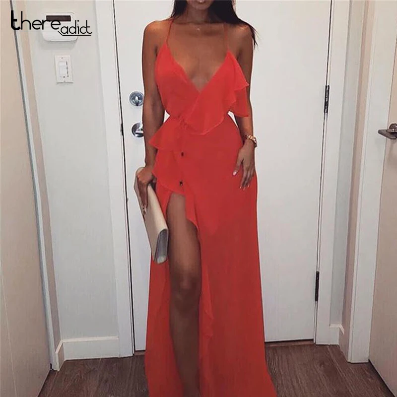 

Red V Neck Ruffle Summer Dress Women Backless Strap Ruched Boho Dress Sleeveless Split Back Lace Up Maxi Beach Dress Vestidos