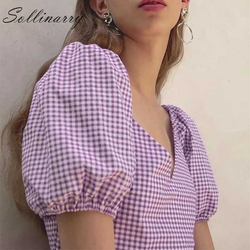 

Sollinarry New Purple Short Sleeve Wome Blouse Shirt Autumn High Wait V Neck Fashion Crop Top Women Plaid Chic Top Blouses Blusa