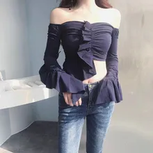 Tumblr Топ хлопок Camisetas Топы Весна новое слово плечо складки слоистый лист лотоса Асимметричная с высокой талией Футболка женская