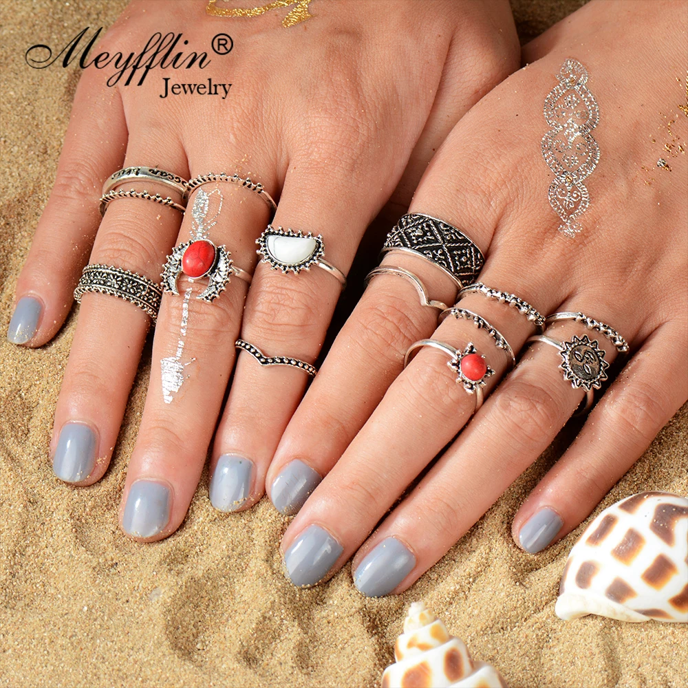 

Meyfflin 14 PCS/Set Punk Rings for Women Fashion Red Stone Moon Sun Carved Silver Midi Finger Knuckle Rings Set Female Jewelry