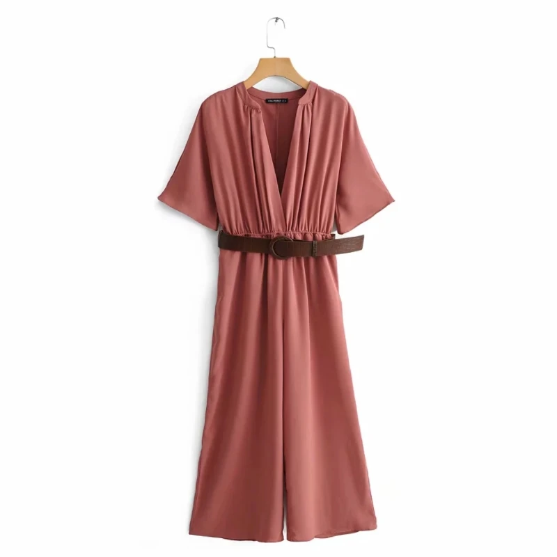 

Solid Women V Neck Sashes Siamese Pants Casual Female Pagoda Sleeve Loose Jumpsuits 2019 Summer Conjoined Trousers P1131