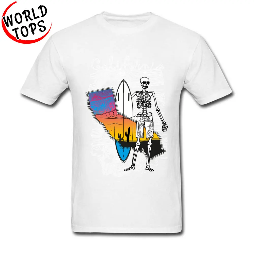 Map of California Surfing Skeleton Tshirts Dominant Short Sleeve Fitness Tight Cotton Crewneck Men T Shirt Tops Shirt Father Day Map of California Surfing Skeleton white