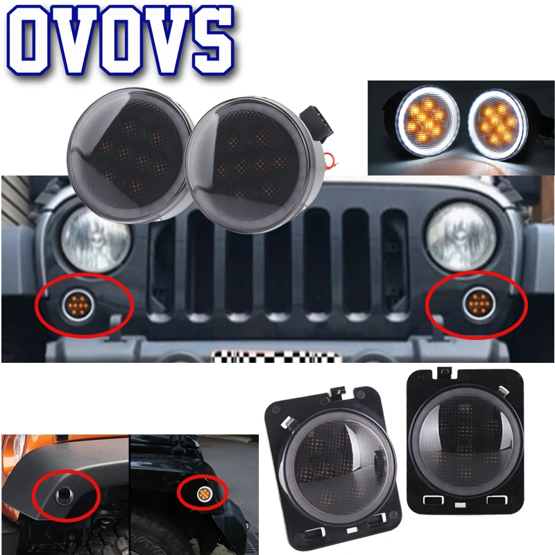 

For Jeep Wrangler 2007-2016 Smoke Lens Amber LED Front Turn Signal Light + Fender Side Marker Parking Lamp With Halo Ring