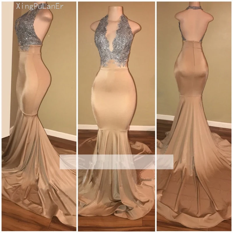 

Champagne Prom Dresses 2019 Mermaid Halter Appliques Lace Backless Party Long Prom Gown Evening Dresses Robe De Soiree