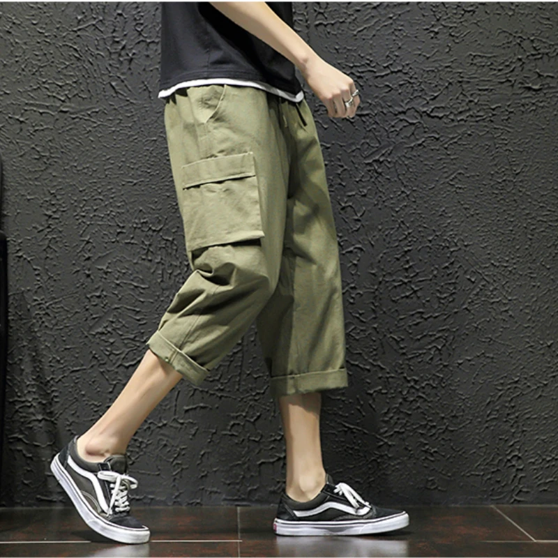 Мужские Брендовые повседневные брюки, летние новые модные свободные хлопковые укороченные брюки с эластичной резинкой на талии, Мужские штаны-шаровары в стиле хип-хоп
