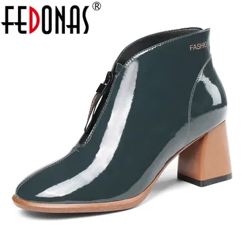 

FEDONAS Quality Warm Autumn Winter Women Genuine Cow Patent Leather Ankle Boots Short Chelsea Boots High Heels Party Shoes Woman