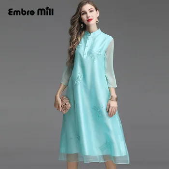 

spring and summer Heavy work embroidery Organza dress Retro Medium and long section women Chinese Improvement dress S-XXL