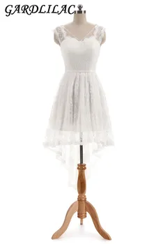 

Gardlilac New Arrival White Hi-Low lace Prom Dress v-Neck Knee-Length formal Party Dress Cap Sleeve vestidolongo