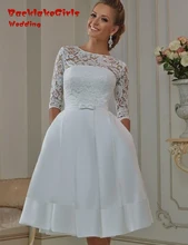 BacklakeGirls 2017 Vintage A Line Weeding Dress Half Sleeve Satin Tea Length Wedding Dresses Gowns Custom Made Bride Gown