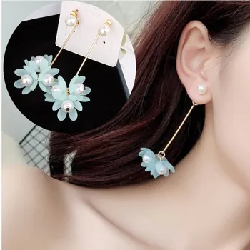 

New Fashion Temperament Acrylic Petal Dangle Earrings Female Sweet Long Imitation Pearl Flower Earrings pendientes mujer