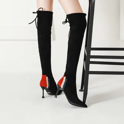 

Women's boots autumn and winter boots 2018 new pointed over the knee boots high-heeled color matching matte plus velvet tie