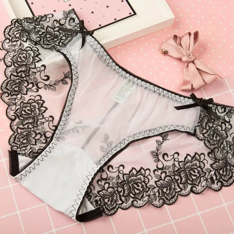 

3PCS Embroidery Panties Women Sexy Lace Mesh Underwear Low Rise Briefs Ladies Flower Bow Underpants Sexy Lingerie Panties 2019