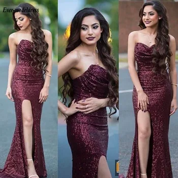 

2020 Burgundy Sequin Bridesmaid Dresses Mermid Sexy Bckless High Side Split Sweetheart Backless Wedding Guest Party Gowns
