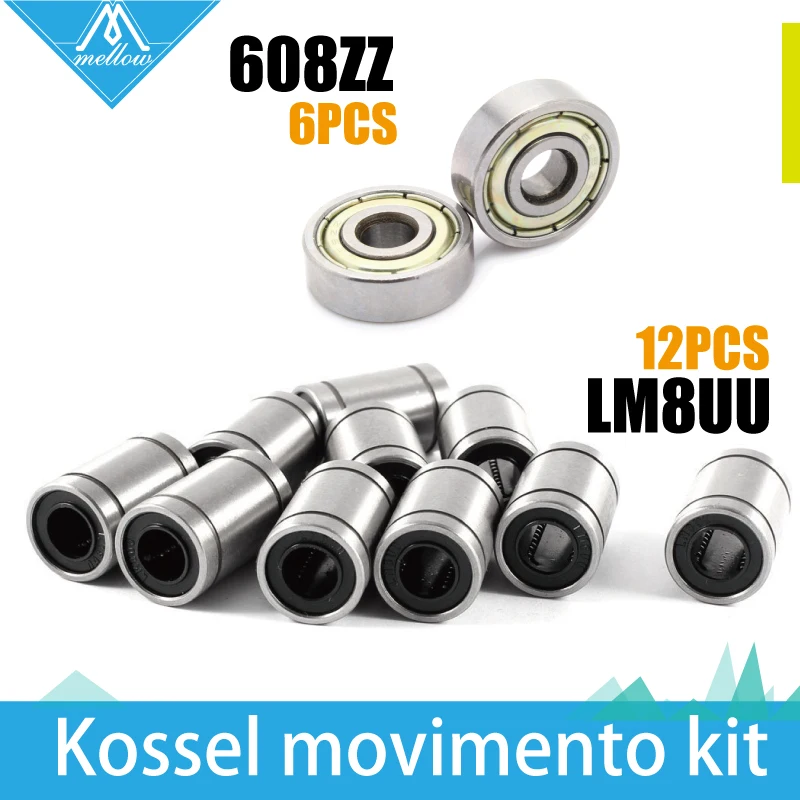  Free shipping! 12 x LM8UU 8mm linear ball bearing & 6 x 608ZZ  ball bearing Kit for Kossel Reprap Rostock Mini Delta 3D Printer 