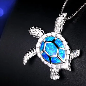 

Hermosa Jewelry FASCINATING Opal Longevity sea Turtle Silver Color Necklace Pendants 30MM