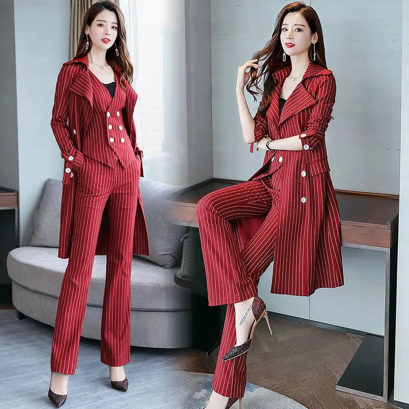 

Stylish Striped 3 Piece Set Women Spring Goddess Conjunto Feminino Year-old Female Costume Ensemble Femme Deux Pieces Pant Suit