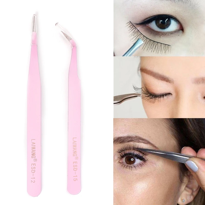 2PCS Pink Straight & Curved Tweezer For Eyelash Extensions Nail Art