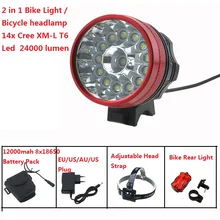 24000 люмен велосипедный светильник 14x Cree XM-L T6 светодиодный велосипедный головной светильник на шлем налобный фонарь Водонепроницаемый+ аккумулятор 18650+ зарядное устройство
