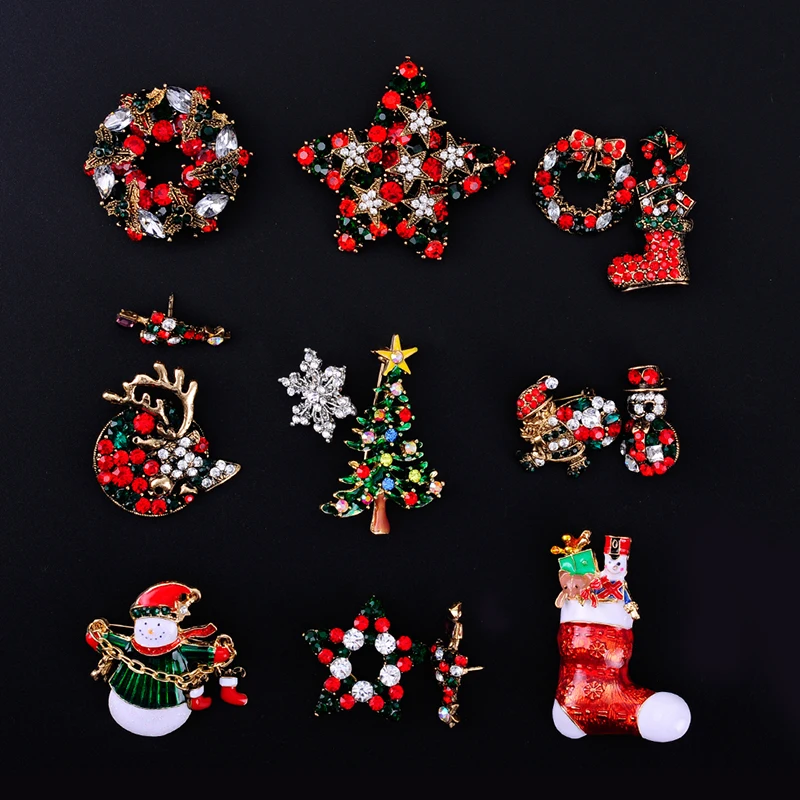 

Gold glazed Snowman tree socks garland Costume Brooch Pins Rhinestone Christmas Brooches Lot Collar Clip For Scarf Buckle gifts