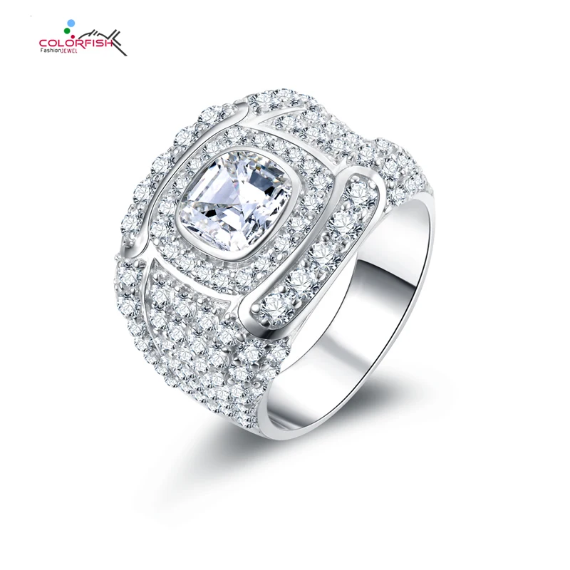 

COLORFISH Luxury 2.5 ct Cushion Halo Men Ring Fine Jewelry Original Authentic 925 Sterling Silver SONA NSCD Mens Rings Wedding