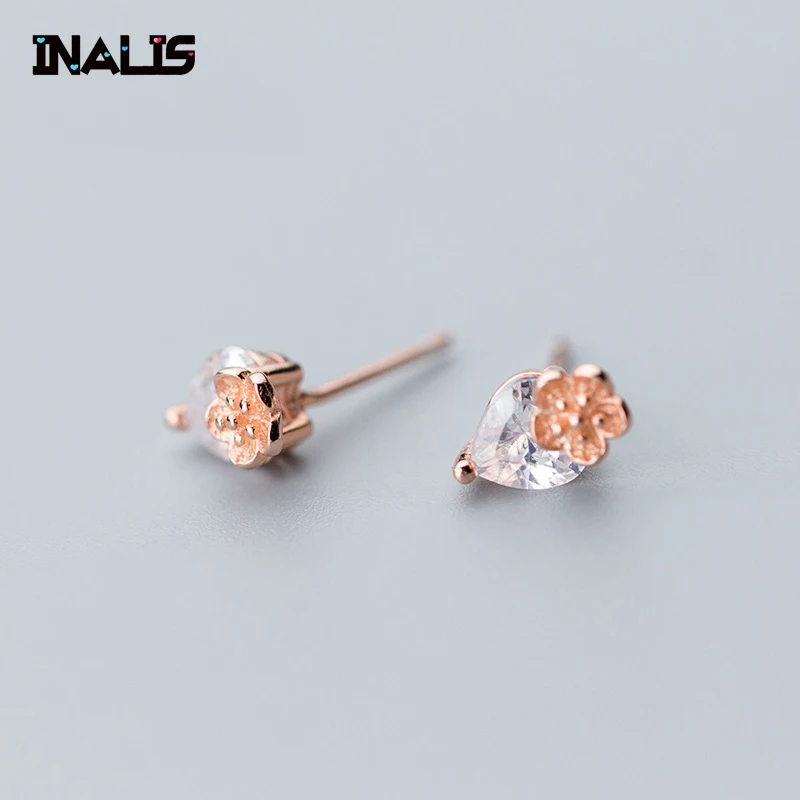 INALIS New Delicate Simple Design S925 Sterling Silver Flower with Waterdrop Clear Single CZ Stone Crystal Stud Earrings Girls | Украшения