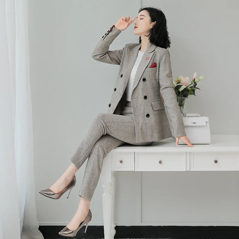 

Wool Plaid Suit Two-piece Women Spring and Autumn New Temperament Commuter Slim Fashion Small Suit Nine Pants 2 Piece Set