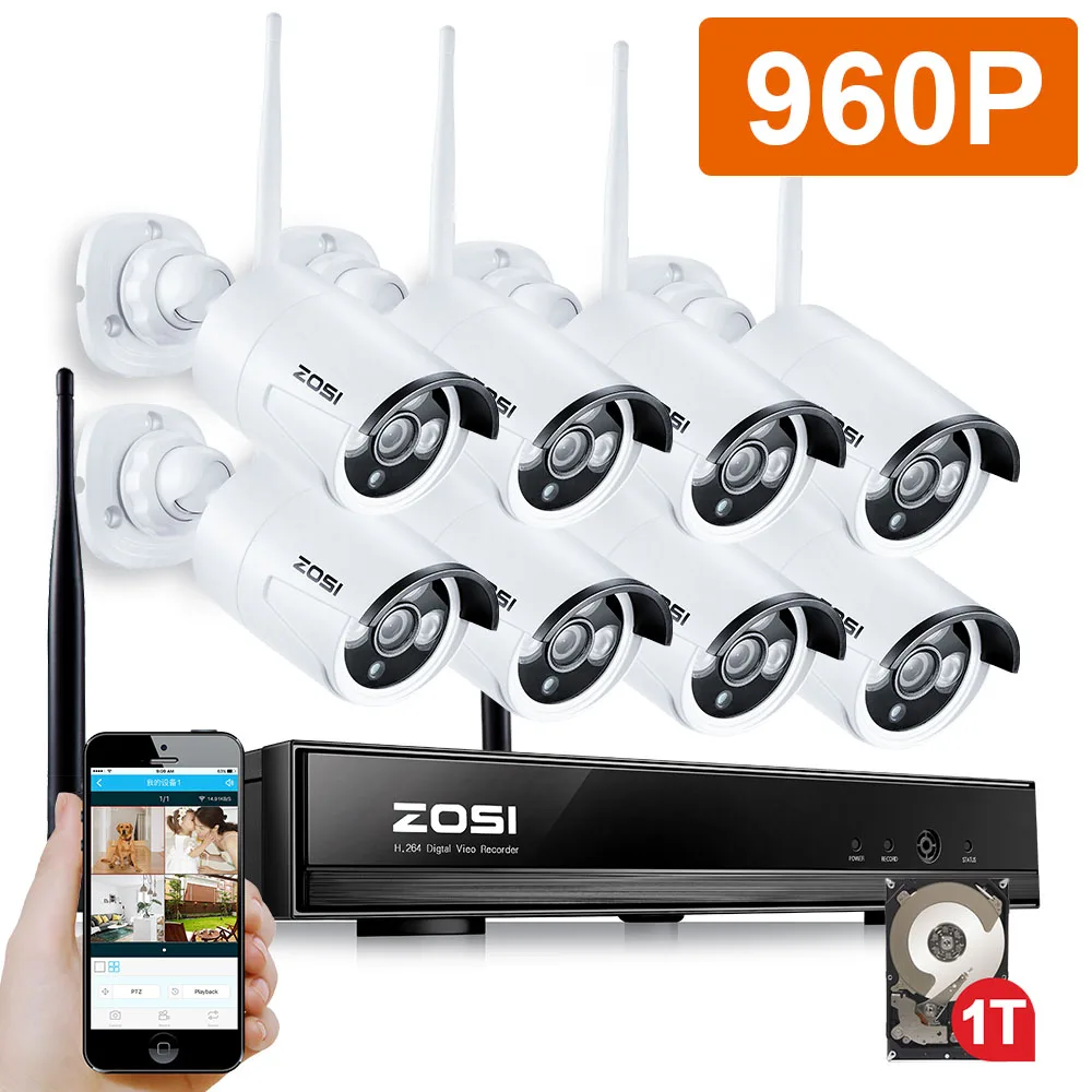 ZOSI 960P 8CH Беспроводной NVR CCTV Системы Wi-Fi 1.3MP ИК Открытый Пуля P2P IP Камера Водонепроницаемый камера наружного видеонаблюдения комплект 1 ТБ