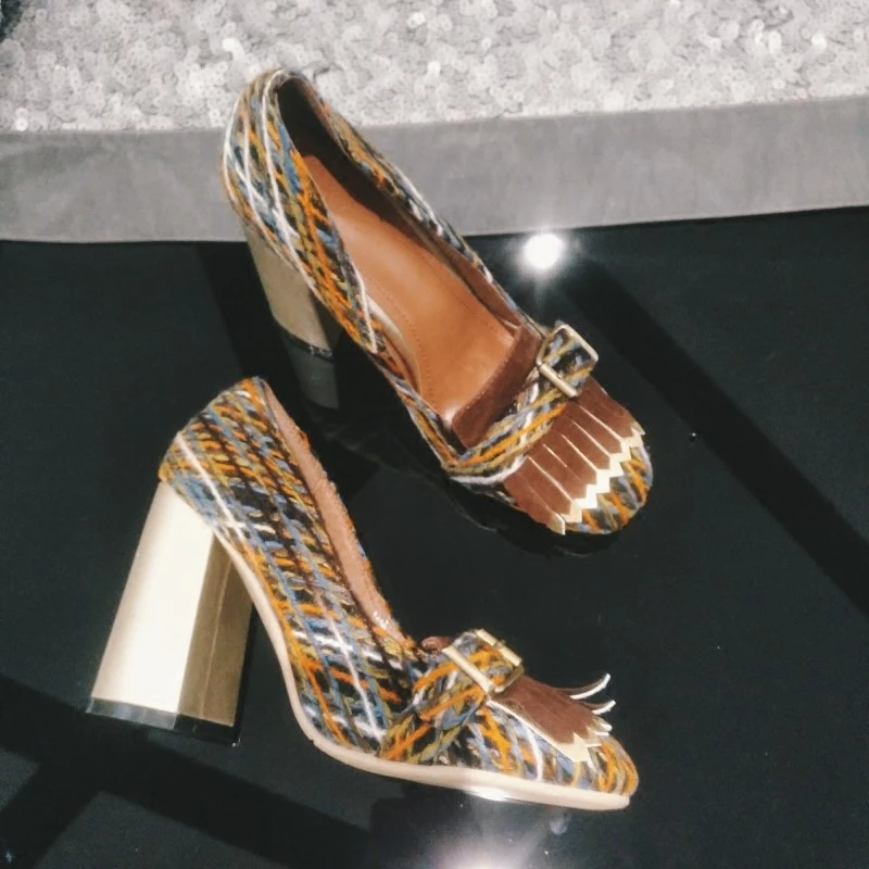 

Hot Spring Autumn Shoes Woman Shallow Pumps Costume tweed Round Toe Square High Heels Pumps Designer Woman Party Dress Pumps