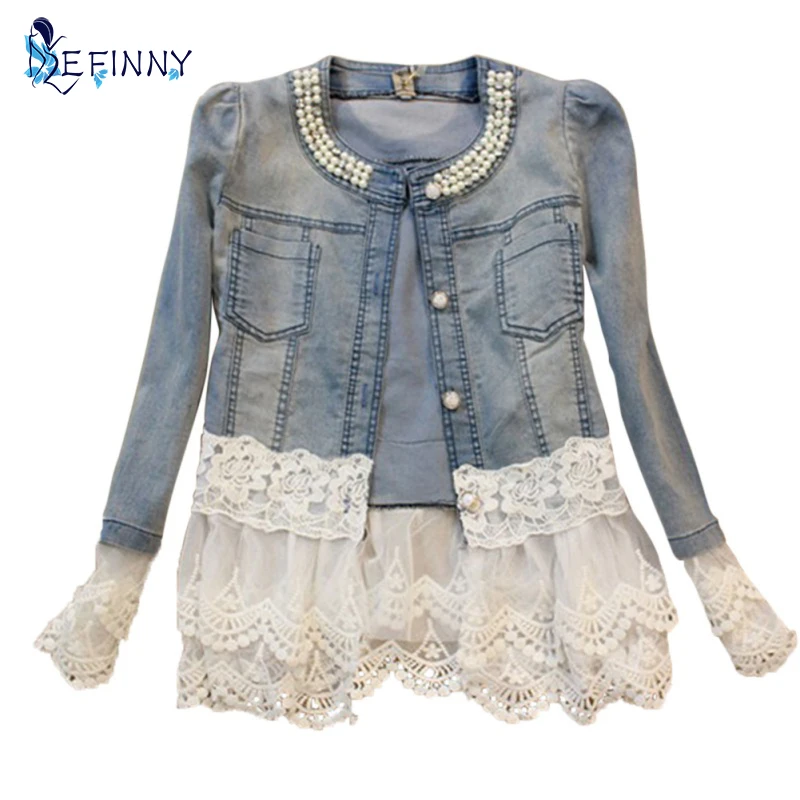 

2018 Stitching Lace Stitching Long-sleeved Denim Jacket Large Size Jeans Long Sleeve Women Jacket Women's Outerwear Plus size