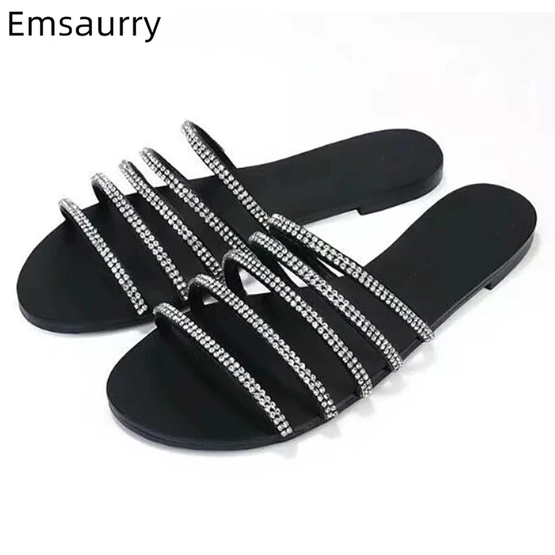 

Jewelled Narrow Band Flat Slippers Women Gold Silver One Strap Open Toe Sandy Beach Holiday Slides Crystal Summer Shoes Woman