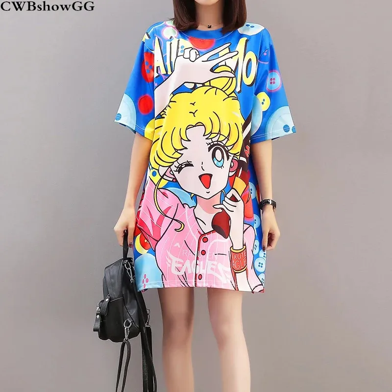 

Cartoon Printing Women's Oversize Long T-Shirt Summer Short Sleeved Round Neck Sweet T-Shirt Women's Casual Large Size T-Shirt