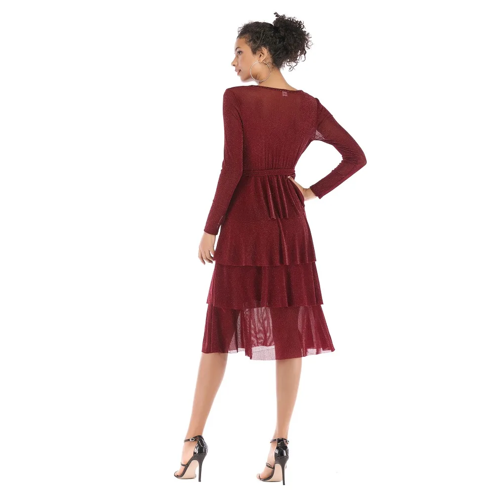 New Spring V-neck Lace Hem Long Sleeve Solid Elegant Lace Dress Women Fashion Dress Party Vestido
